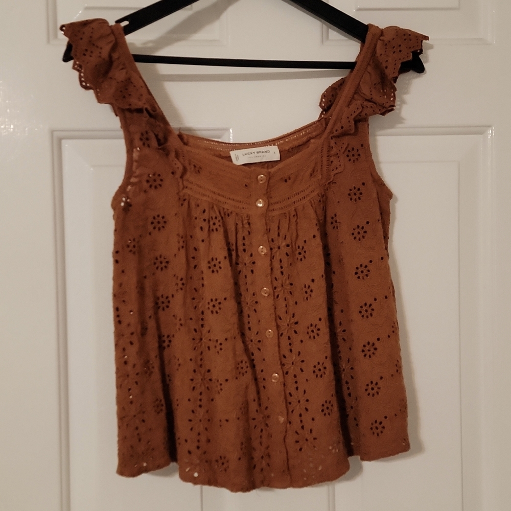 Lucky Brand Sienna Brown Eyelet Lace cotton Romantic Festival Flowy Top Sz Small